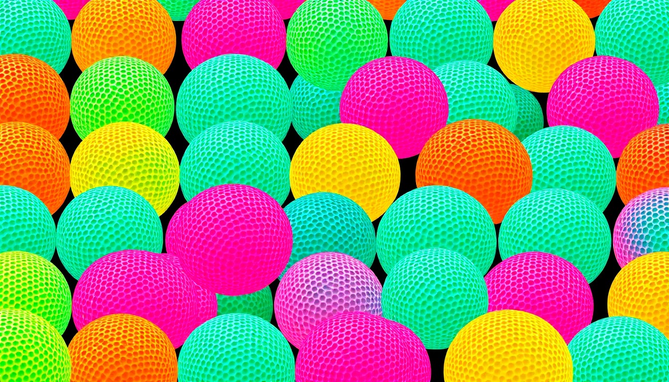 A bold, stylized illustration of a golf ball repeated in a grid pattern, rendered in a high-contrast, neon color palette with heavy black outlines, capturing the celebratory energy of a community fundraising event.