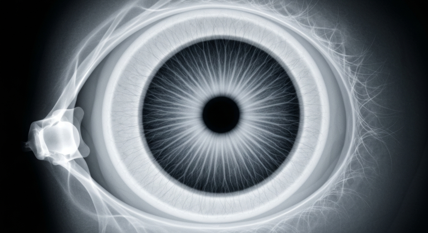 A ghostly, translucent X-ray photograph revealing the delicate structures of a human eye, conceptually representing the precision and advanced imaging of the surgical robot used in the world's first fully robot-assisted cataract surgery.