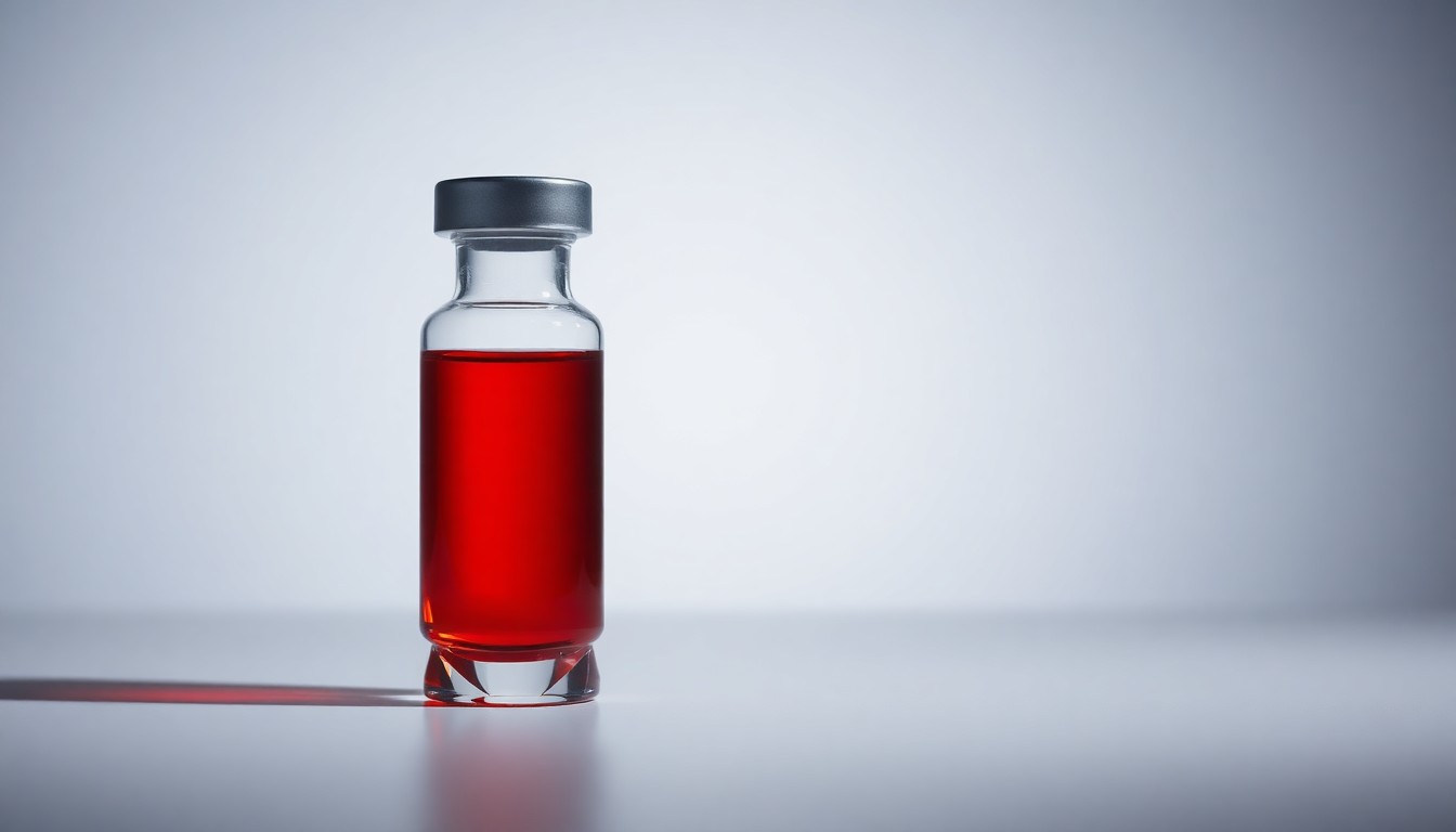 A polished, geometric glass vial filled with a vibrant red liquid, symbolizing the innovative cancer treatment asset acquired by Gilead Sciences, set against a clean, monochromatic background with dramatic studio lighting and deep shadows.