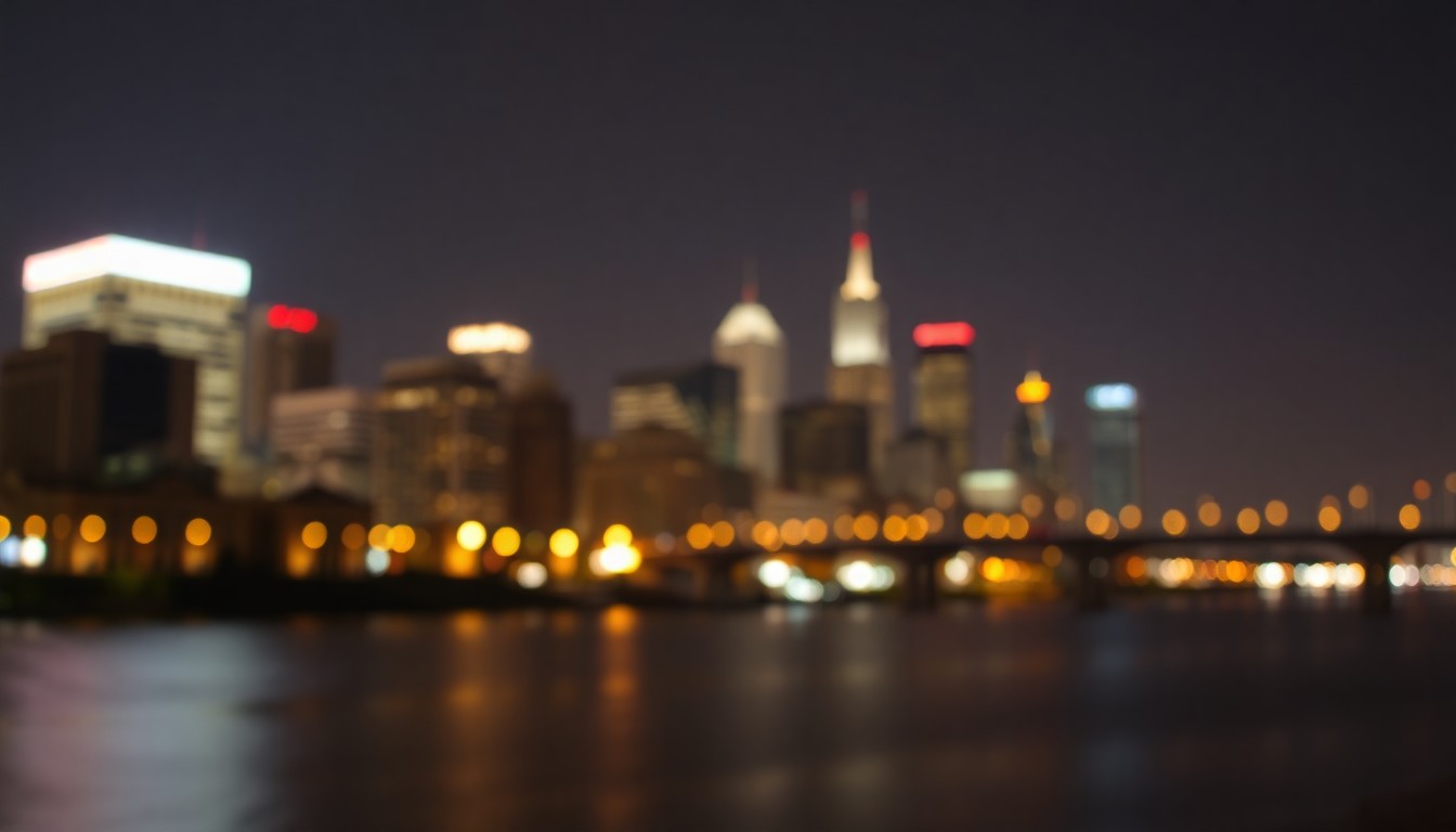 An abstract, impressionistic photograph of a nighttime cityscape with the Ohio River in the foreground, featuring blurred lights and reflections in a warm, hazy color palette, capturing the mood and atmosphere of the Thunder Over Louisville fireworks event.