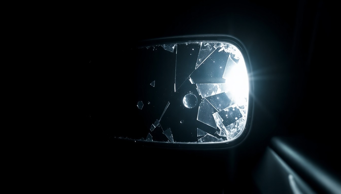 An extreme close-up of a shattered car side mirror, the harsh flash illuminating the jagged edges and damaged surface, conveying the sudden and violent nature of the hit-and-run incident.