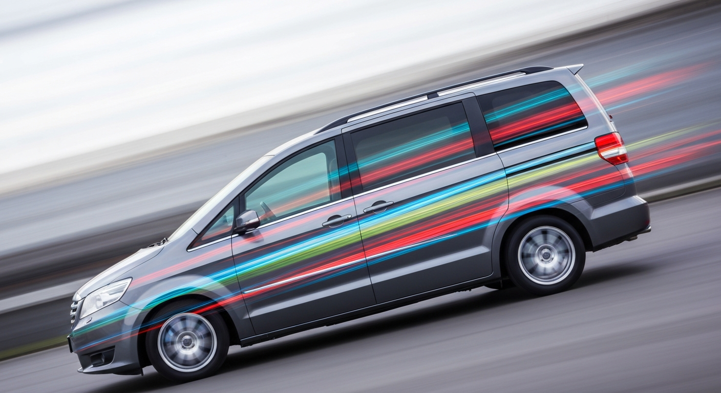 An abstract, colorful image created with a slow shutter speed and panning motion, transforming a minivan into sweeping, blurred lines that convey a sense of speed, technology, and family travel.
