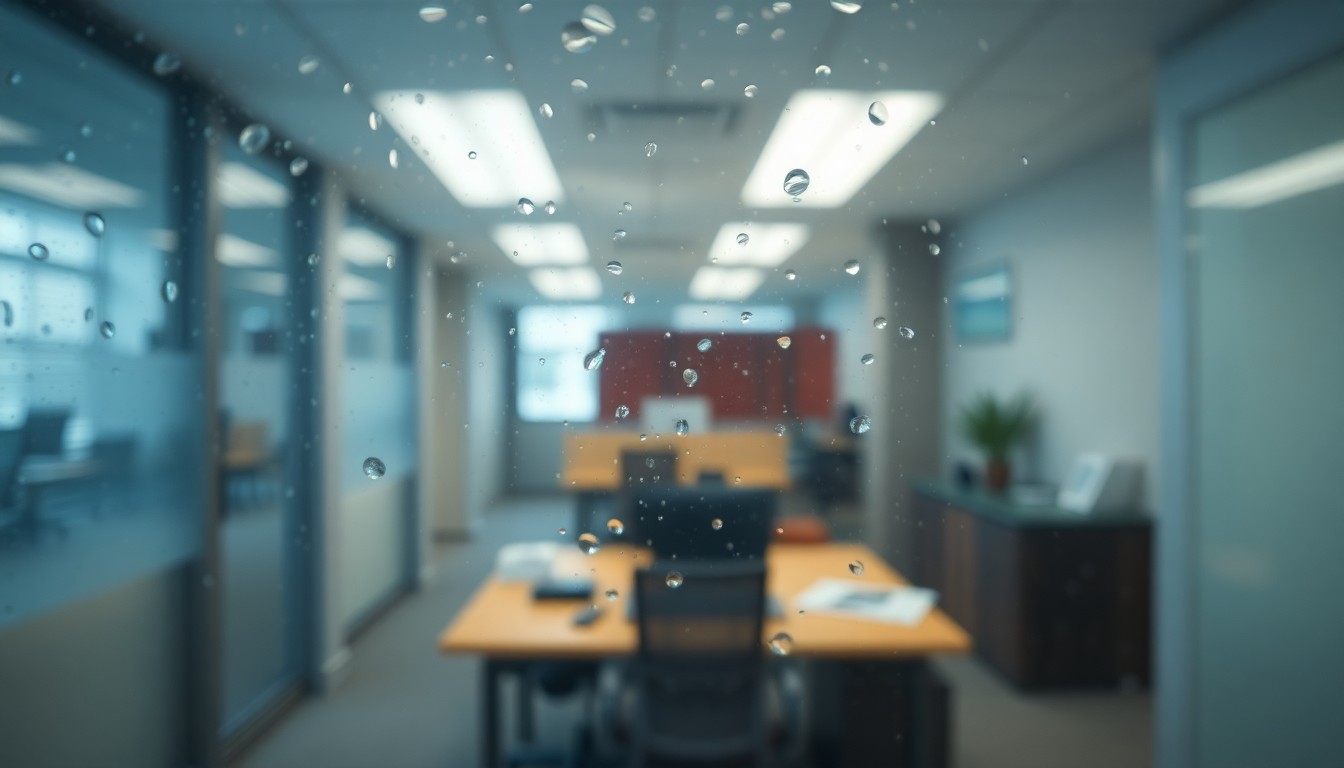 An abstract, impressionistic image of a blurred, hazy office environment with muted colors and soft pools of light, conveying the concept of an unhealthy workplace.