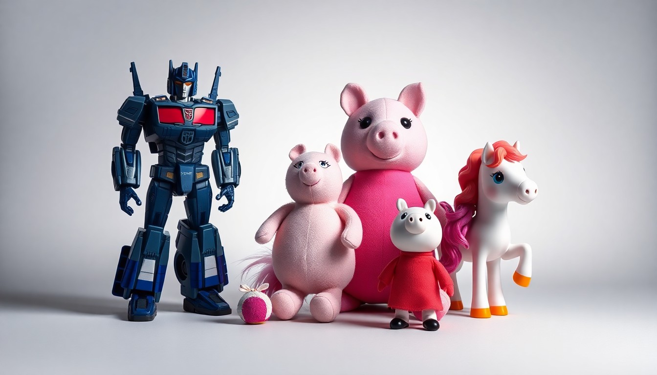 A minimalist studio still life photograph featuring a Transformers Soundwave robot, a Peppa Pig plush, and a My Little Pony figurine arranged elegantly on a clean, monochromatic background, conceptually representing Hasbro's strategic brand collaborations and appeal across generations.