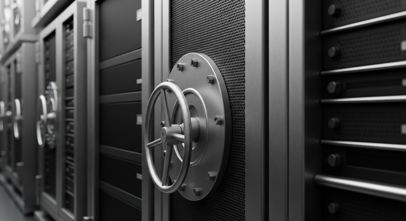 An extreme close-up of heavy, industrial banking machinery and equipment in shades of steel gray, silver, and black, conceptually representing the cautious, uncertain state of the US government bond market amid geopolitical turmoil.