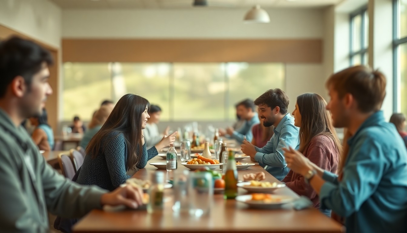 A blurred, impressionistic scene of people gathered around tables, with muted colors and a soft, hazy atmosphere conveying a sense of warmth and togetherness.