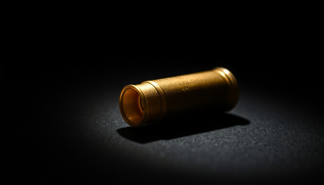 An extreme close-up photograph of a single spent bullet casing on a dark, shadowy surface, lit by a harsh, direct camera flash, conceptually representing the deadly aftermath of a domestic violence incident.
