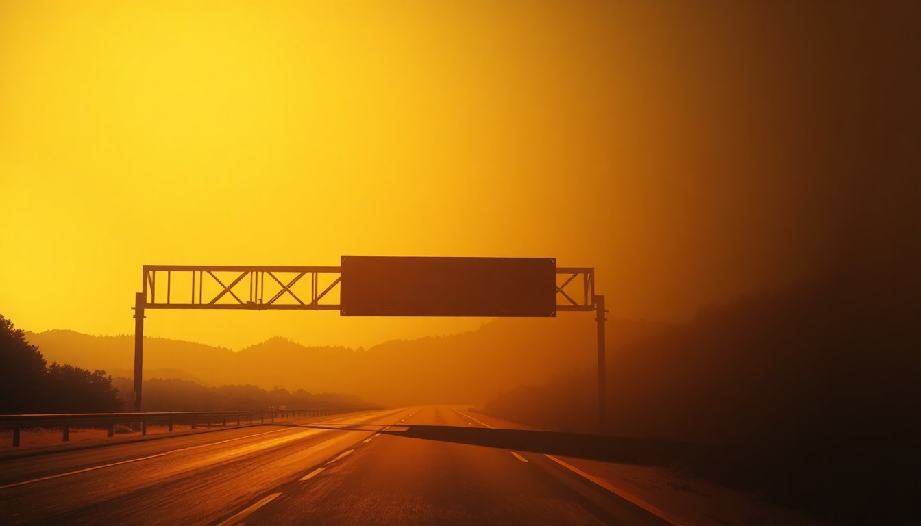 A cinematic painting depicting a lone interstate highway sign partially obscured by shadows and bathed in warm, diagonal sunlight, conveying a sense of unease about the road conditions ahead.