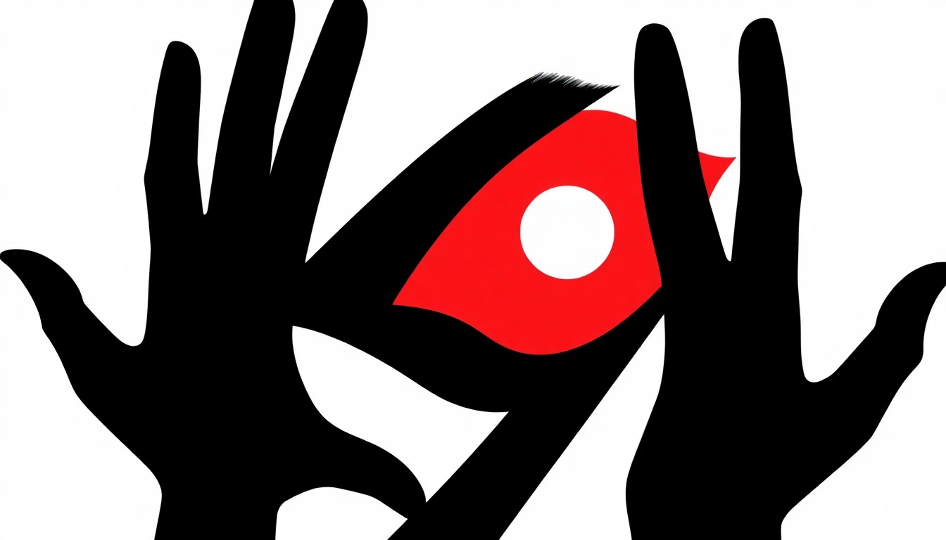 A striking abstract composition of jagged geometric shapes and bold silhouettes in high-contrast red and white, conceptually representing the magic and exploration of The Hand & The Eye's immersive performances.