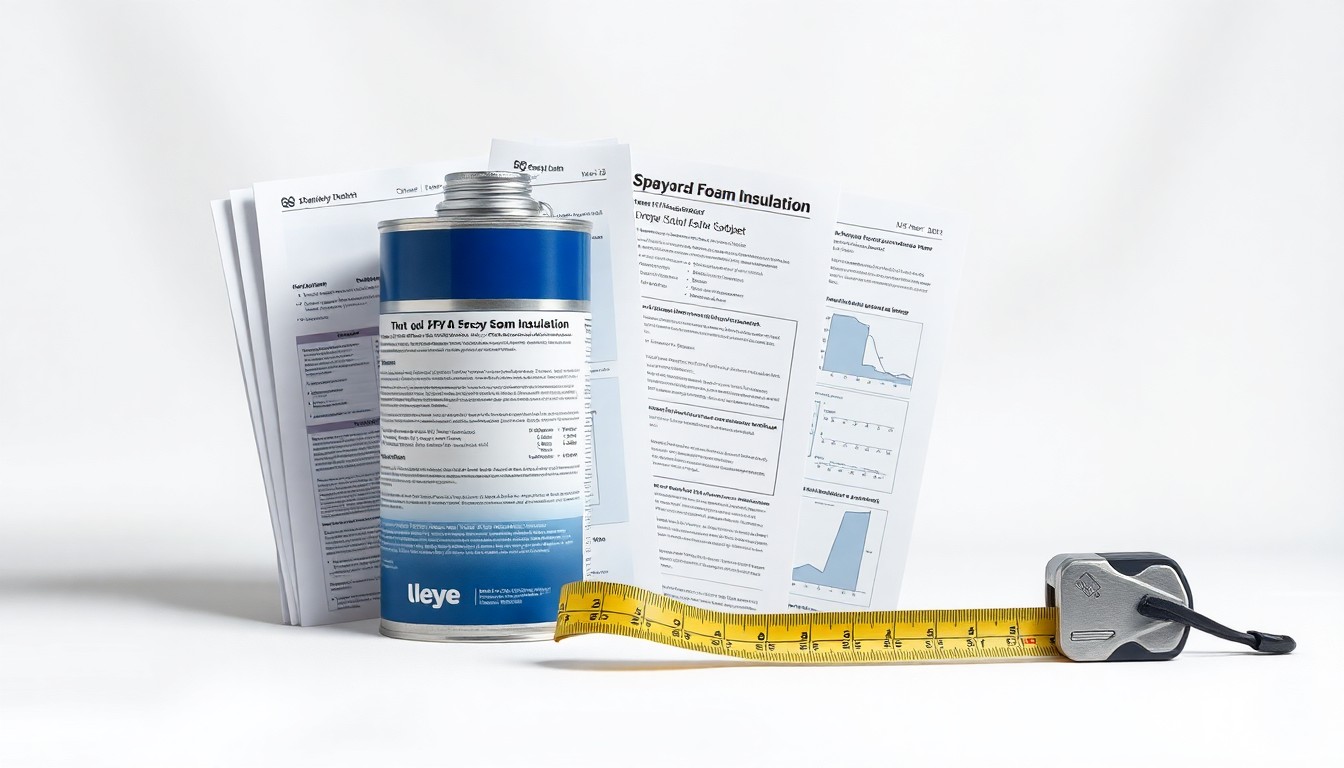 A high-end, photorealistic studio still-life photograph featuring a stack of technical data sheets, a spray foam insulation canister, and a tape measure arranged elegantly on a clean, white seamless background, conceptually representing the tools and resources needed to comply with new energy efficiency regulations.