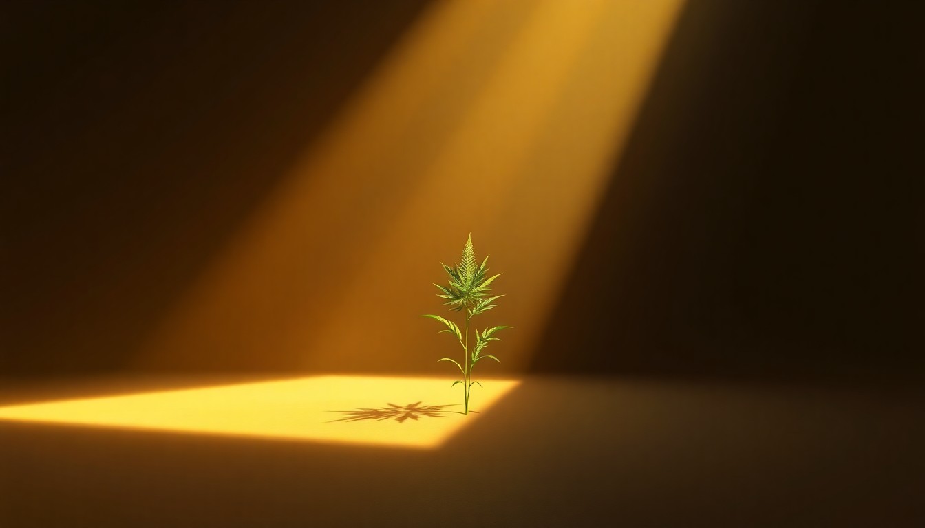 A close-up painting of a single hemp leaf or hemp product, rendered in muted earth tones and dramatic lighting, conveying a sense of quiet contemplation around the legal and commercial tensions in the cannabis industry.