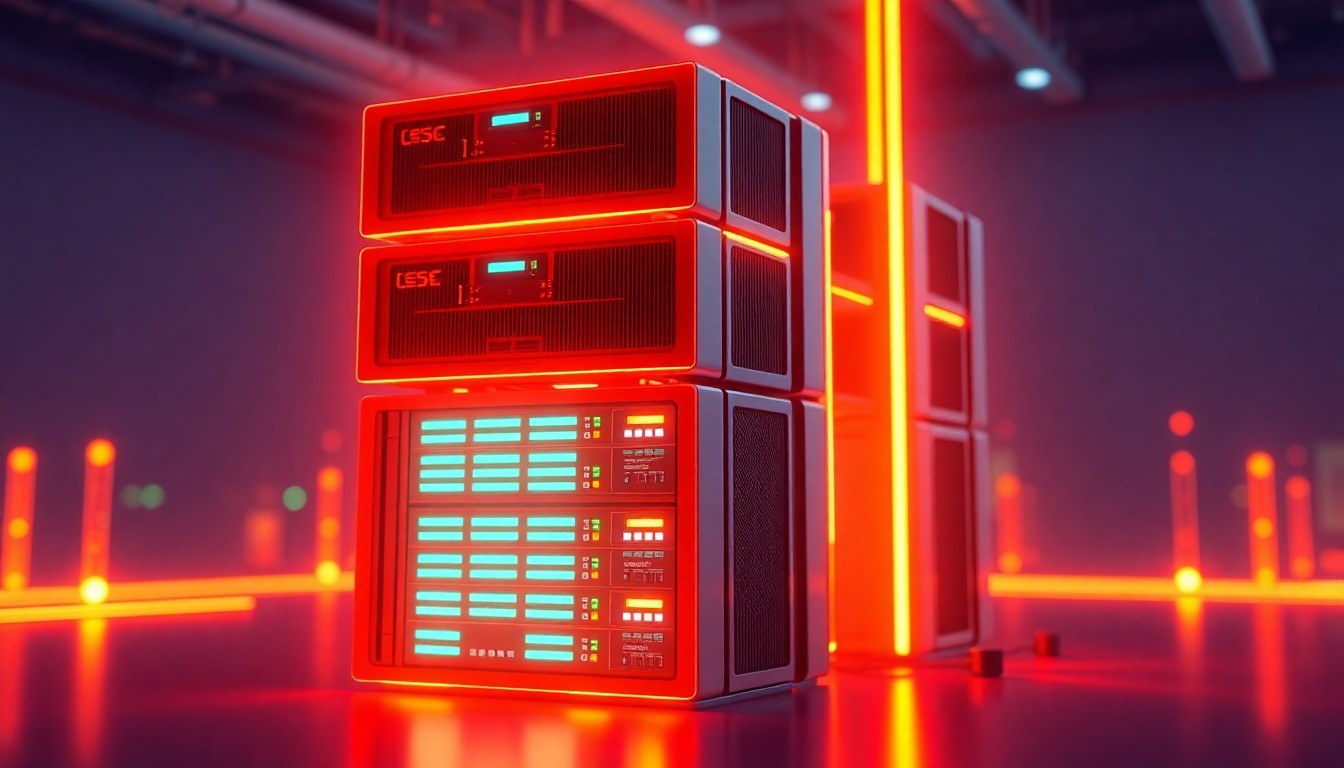 A vibrant, 3D illustration of glowing computer servers and networking equipment, representing the digital backbone that enables online education and certification programs.