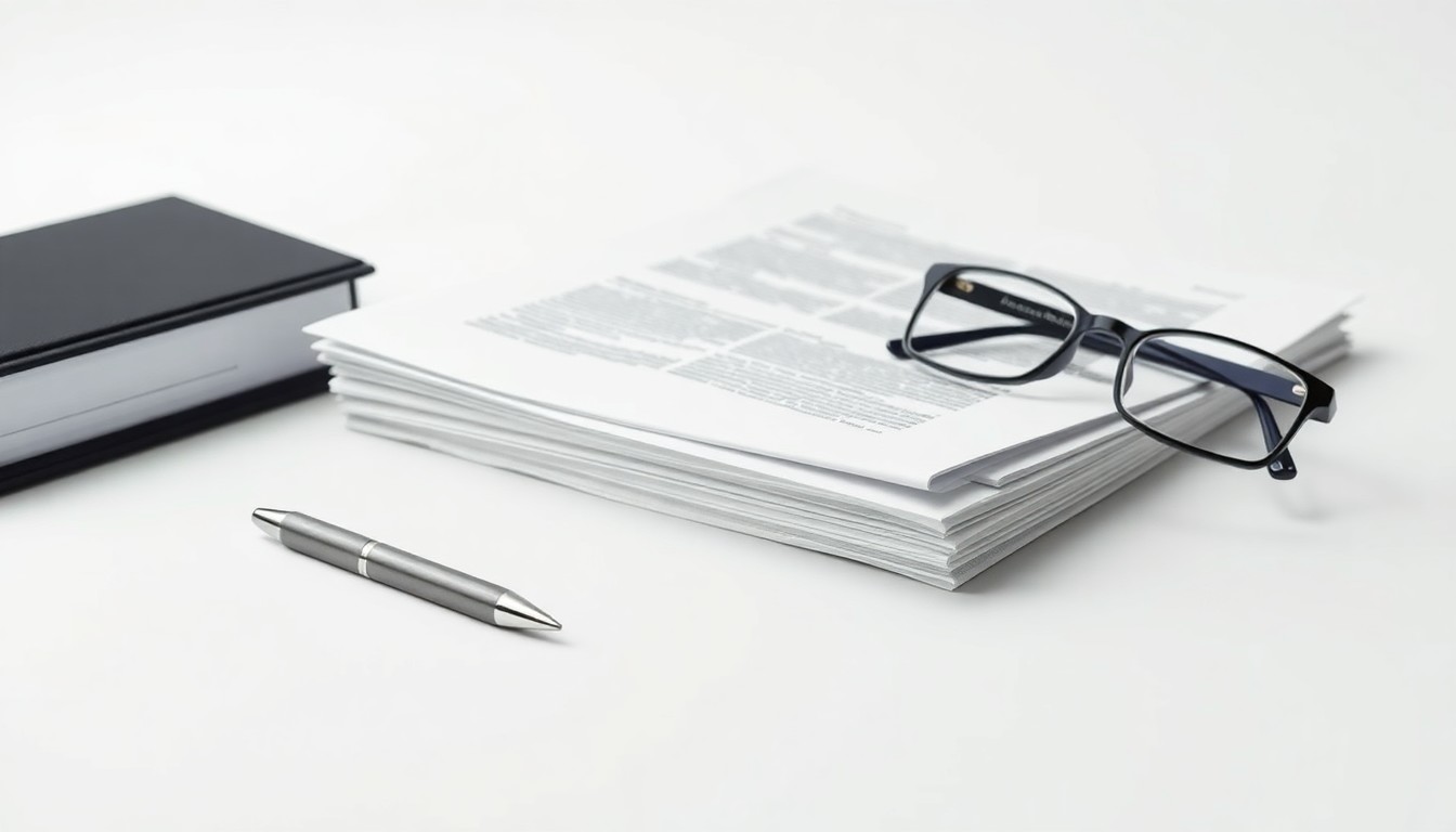 A minimalist, photorealistic studio still-life featuring a stack of legal documents, a pen, and a pair of reading glasses arranged on a clean, monochromatic background, symbolizing the specialized tax expertise and legal counsel that Pryor Cashman can now offer its clients.