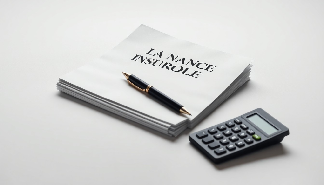 A minimalist, high-end studio still-life photograph featuring a stack of insurance policy documents, a pen, and a calculator arranged elegantly on a clean, monochromatic background, conceptually representing the strategic acquisition of an insurance brokerage firm.