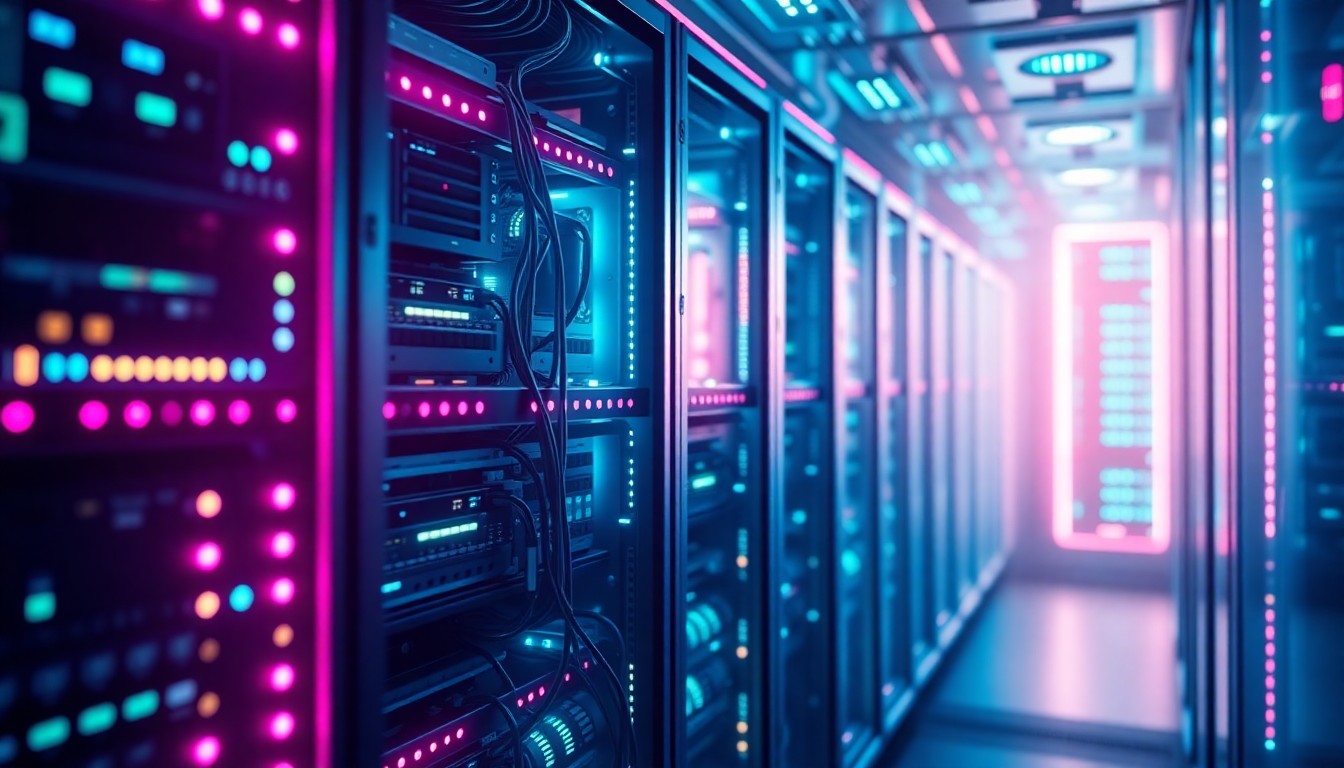 A highly detailed, glowing 3D illustration of a futuristic data center server rack, with neon cyan and magenta lights illuminating the intricate hardware components, conceptually representing the advanced technology powering the next wave of AI-driven applications.