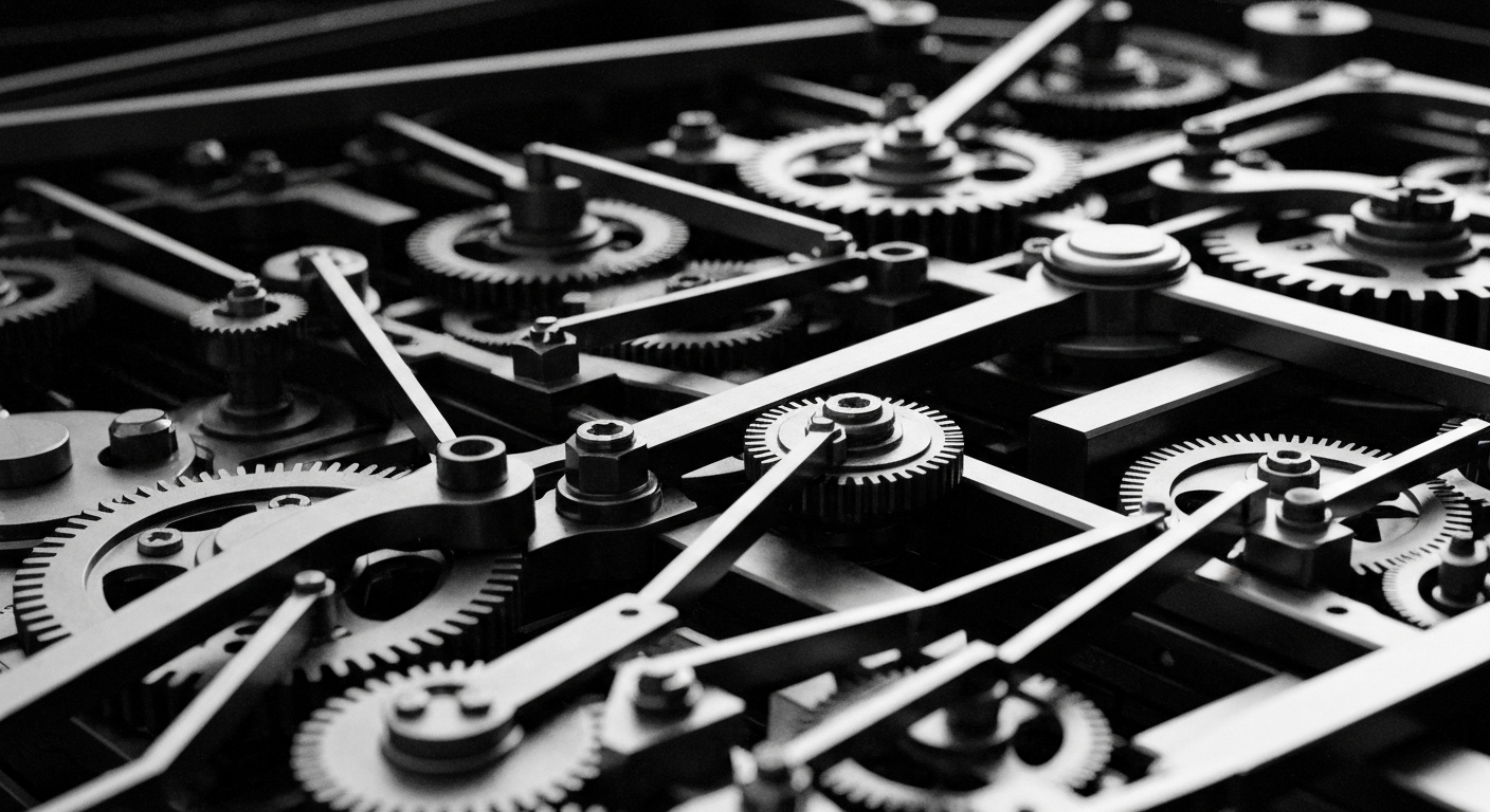 A high-contrast black and white close-up image of the intricate mechanical components that power financial trading systems, conveying the technical complexity and institutional nature of the investment management industry.