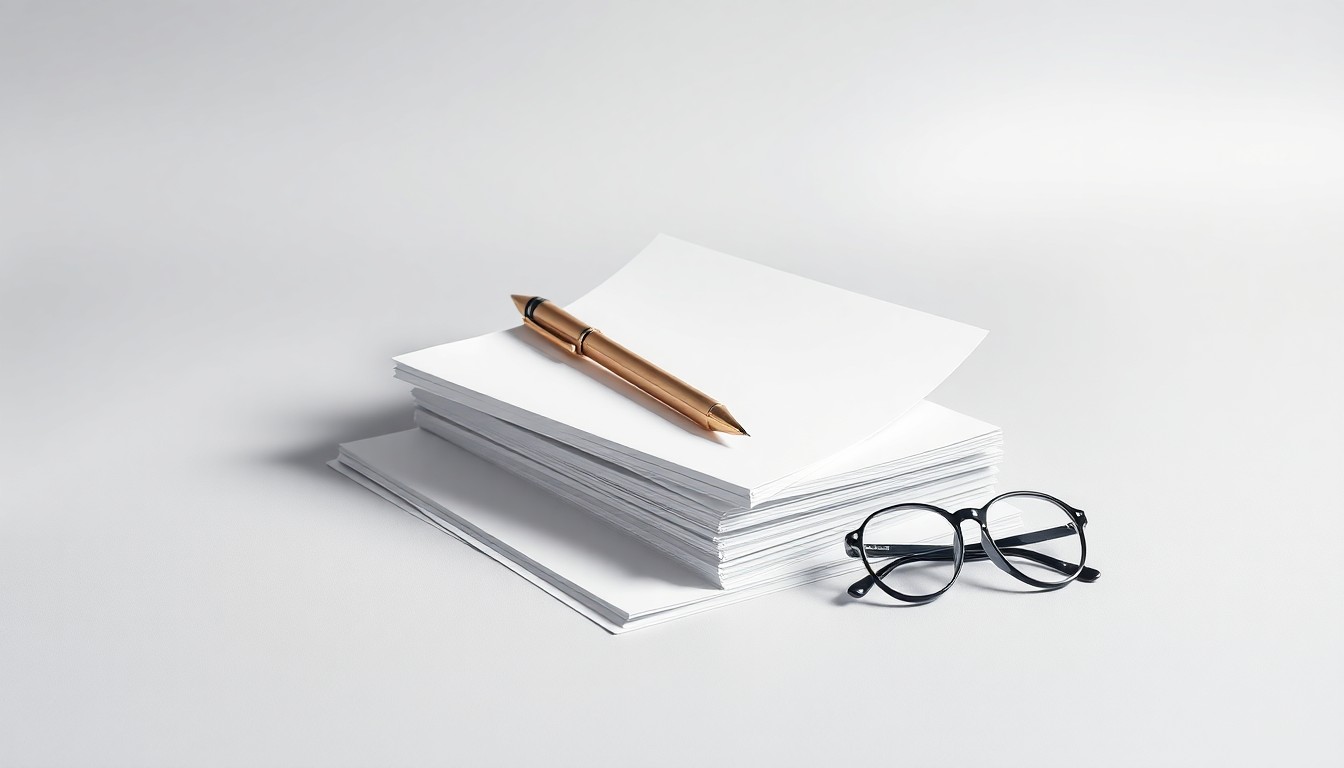 A high-end, photorealistic studio still-life photograph featuring a stack of legal documents, a pen, and a pair of reading glasses arranged elegantly on a clean, monochromatic seamless background, conceptually representing the abstract concepts of corporate strategy, finance, and legal expertise.