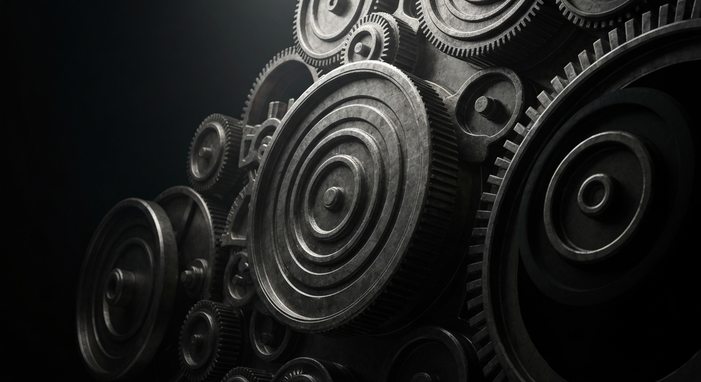 An extreme close-up of gears, levers, and other heavy industrial banking mechanisms, dramatically lit to convey a sense of institutional power and financial security.