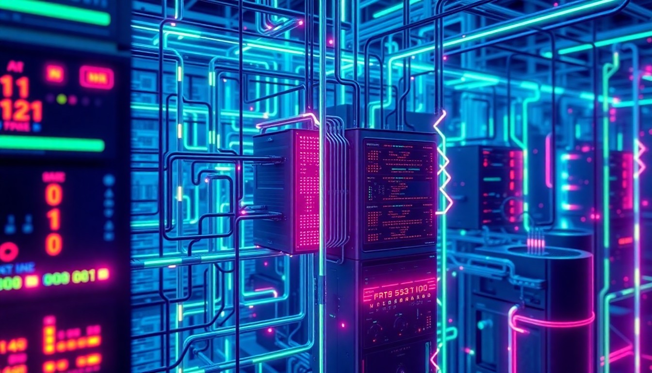 A highly detailed, glowing 3D illustration of a complex network of interconnected data servers, cables, and AI-powered processors, representing the advanced technology infrastructure behind Artifact AI's Omni platform.