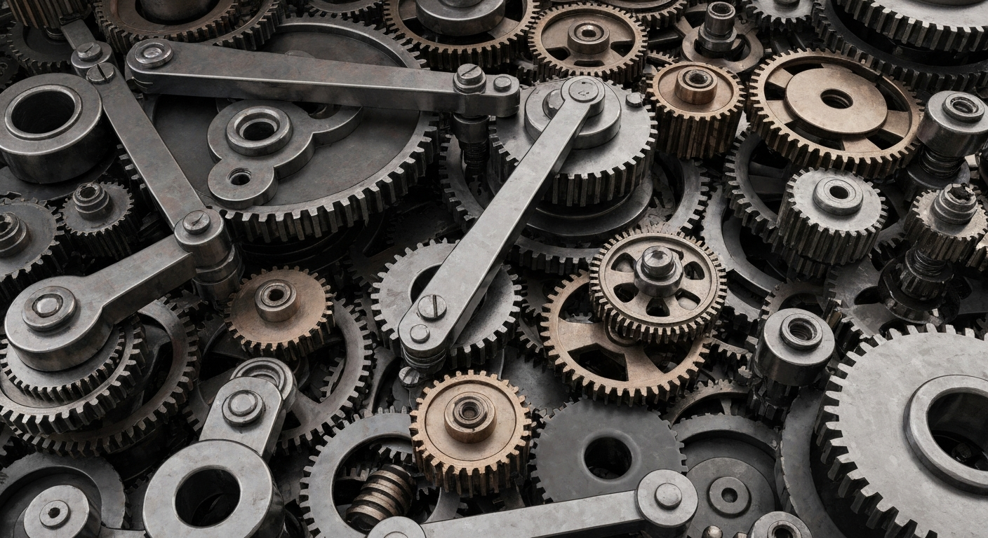 An extreme close-up of a complex network of metal gears, cogs, and levers in shades of steel grey, bronze, and black, conceptually representing the intricate financial machinery behind institutional investment decisions.