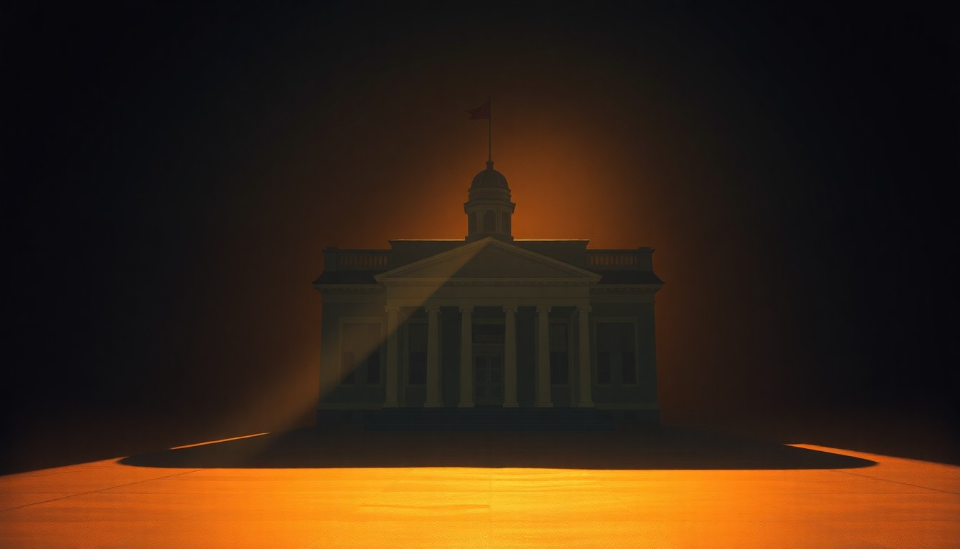 A photorealistic painting of a city hall building in a warm, golden light, with deep shadows casting across the facade, creating a sense of quiet contemplation and civic pride.