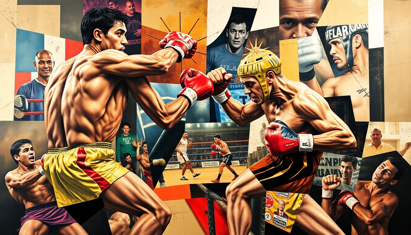 A fragmented, multi-angled painting depicting various boxing matches and competitions broken down into sharp, overlapping geometric shapes and planes in a cubist style.