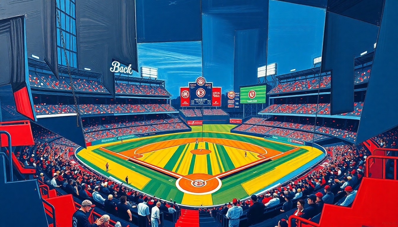 A fragmented, geometric painting depicting a baseball game between two teams, with sharp planes of navy blue, red, and white overlapping to create a dynamic, abstract composition.