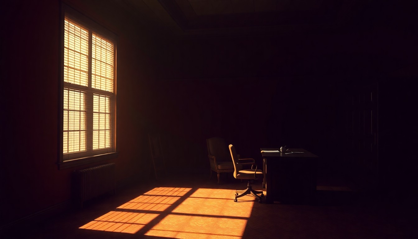 A quiet, cinematic painting of a solitary political office space with a lone desk and chair, bathed in warm, diagonal sunlight and deep shadows, conceptually representing the uncertainty and shifting dynamics of California's gubernatorial election.