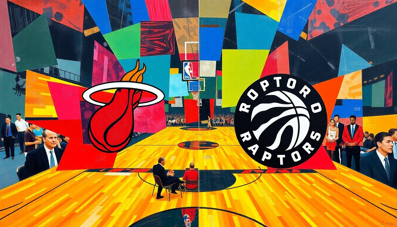 A fractured, multi-perspective painting breaking down a basketball game between the Miami Heat and Toronto Raptors into sharp, overlapping geometric planes in vibrant team colors.