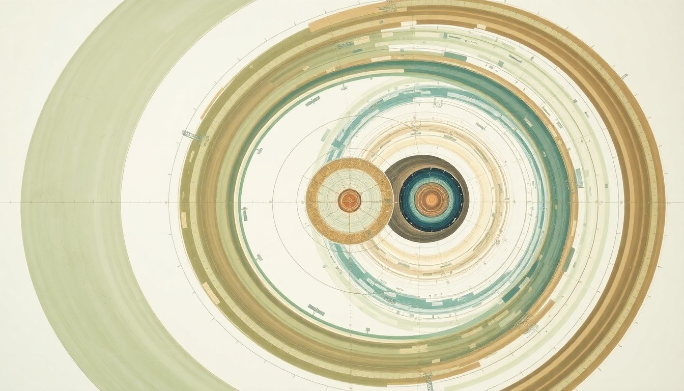 A bold, highly structured abstract painting in soft, earthy tones of green, brown, and blue, featuring sweeping geometric arcs, concentric circles, and precise botanical spirals, conceptually representing the complex systems and natural forces involved in a rocket launch to the International Space Station.