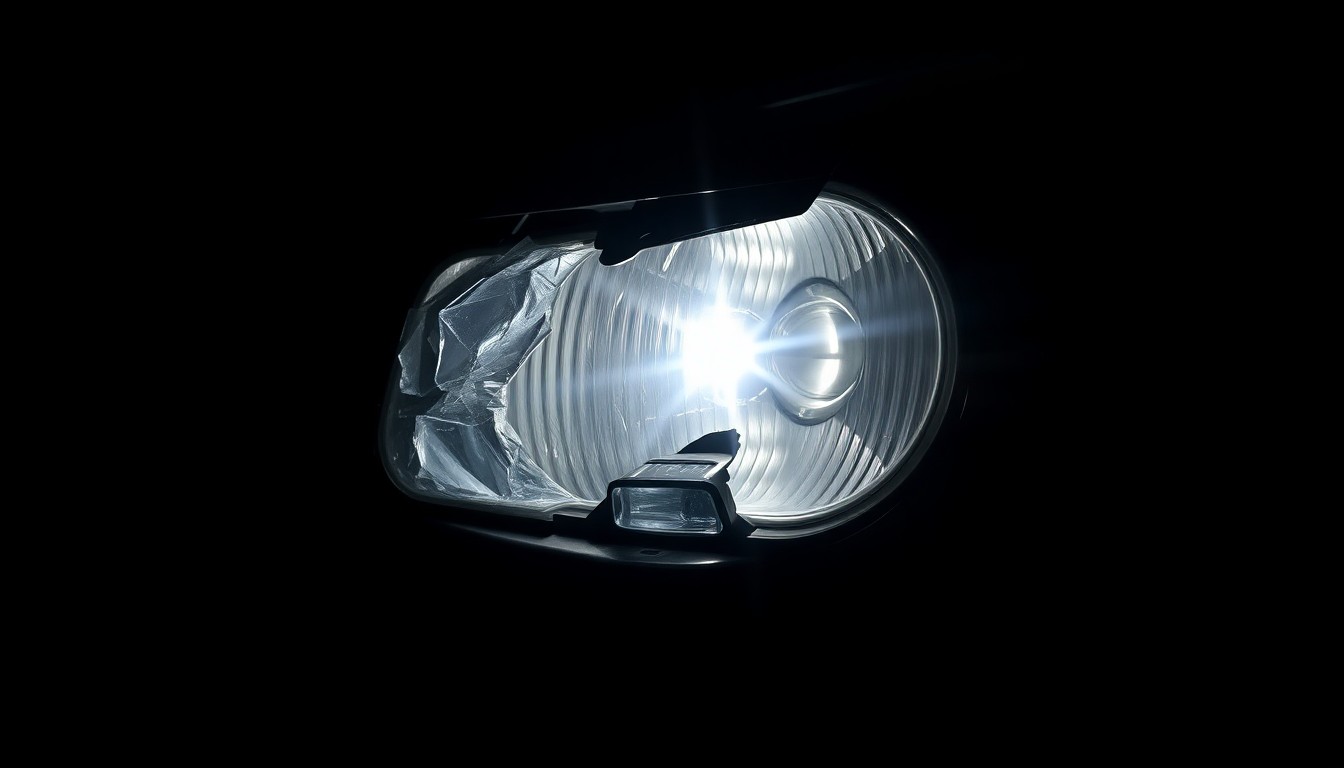 An extreme close-up photograph of a damaged commercial vehicle part, such as a shattered side mirror or crushed headlight, lit by a harsh, direct camera flash against a pitch-black background, conceptually illustrating the aftermath of a serious crash.