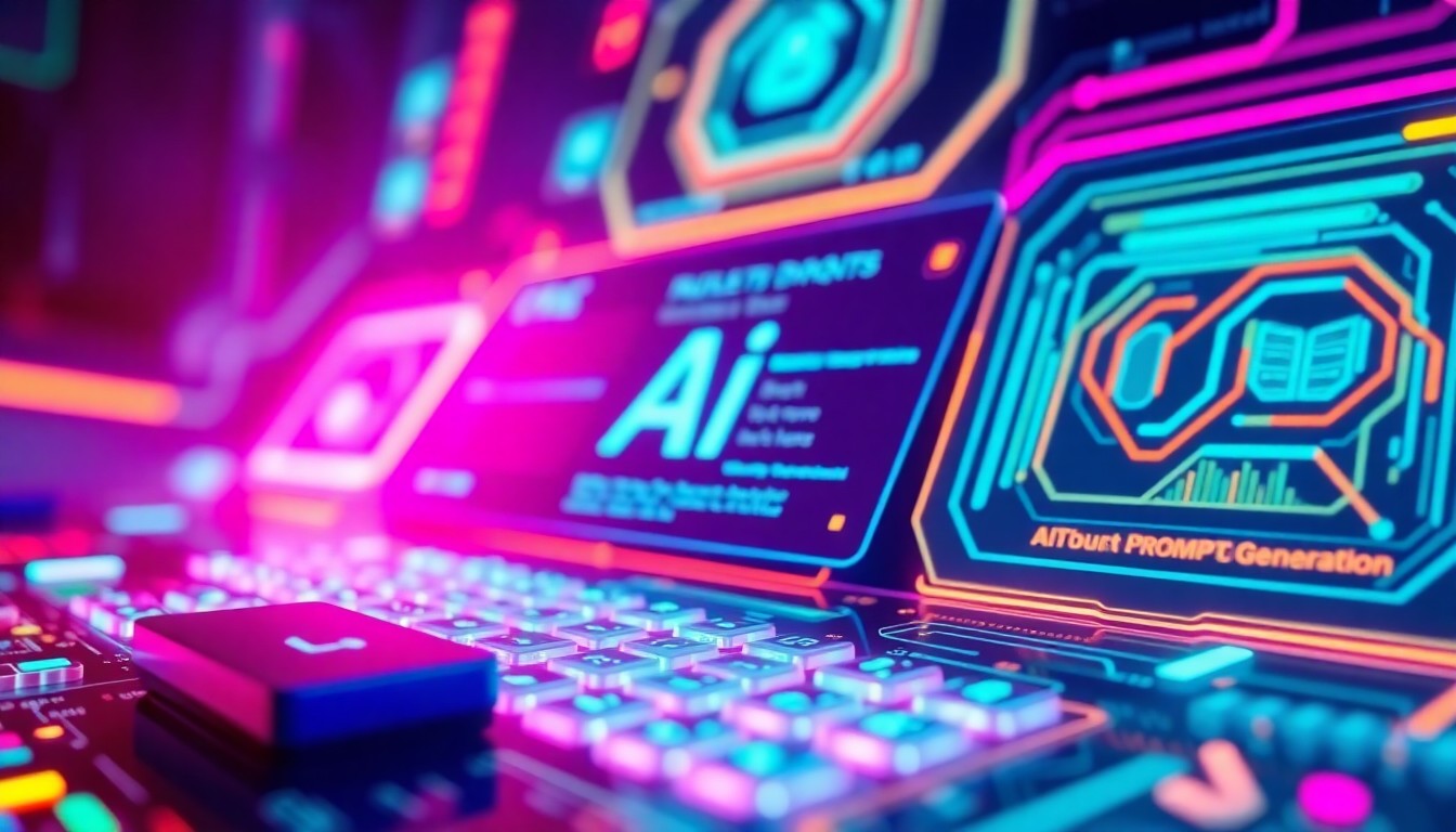 A highly detailed, glowing 3D illustration of a futuristic AI prompt generation interface, with various digital elements and controls illuminated by vibrant neon lights, conceptually representing the power and accessibility of Midjourney Prompt Generator's platform.