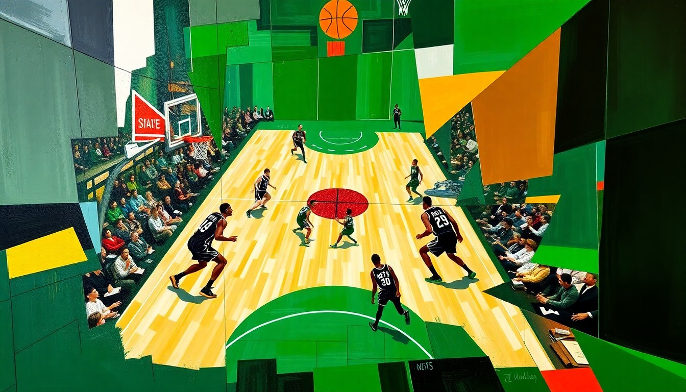 A fragmented, geometric painting depicting a basketball game between the Milwaukee Bucks and Brooklyn Nets, with the players' forms broken down into overlapping planes of color and shape.