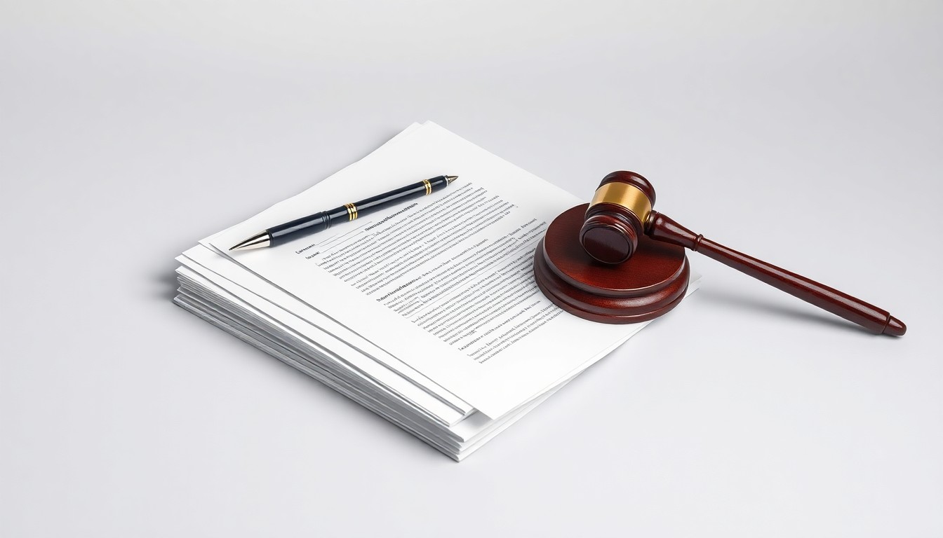 A minimalist, photorealistic studio still life featuring a stack of legal documents, a pen, and a gavel arranged on a clean, monochromatic background, conceptually representing the separation of a law firm's legal and business operations.