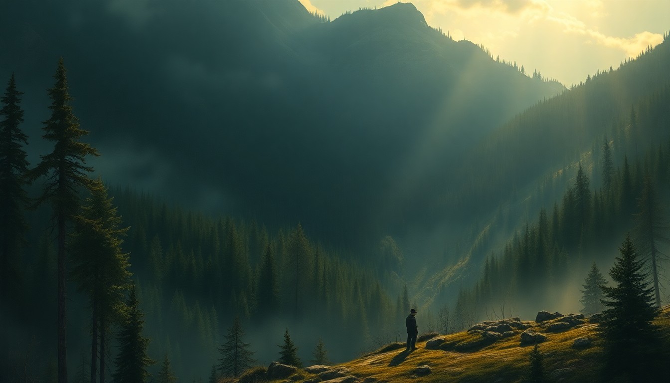 A sweeping, atmospheric landscape painting in muted greens, grays, and blues, depicting a vast, heavily wooded wilderness with a small figure in the distance, conceptually representing the rescue of a conservation officer in a remote, treacherous environment.