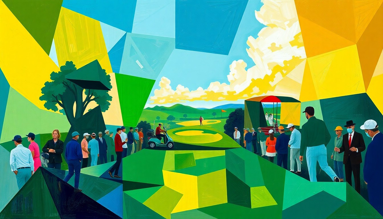 A cubist, geometric painting featuring overlapping planes of emerald green, sky blue, and golden yellow, conceptually representing the fractured, multi-perspective nature of a high-stakes golf tournament.