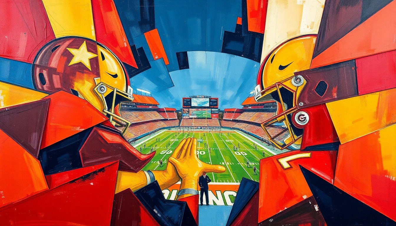 A fractured, geometric painting depicting a college football game or recruiting battle, with sharp planes of red, gold, and navy blue overlapping to create a dynamic, abstract composition.