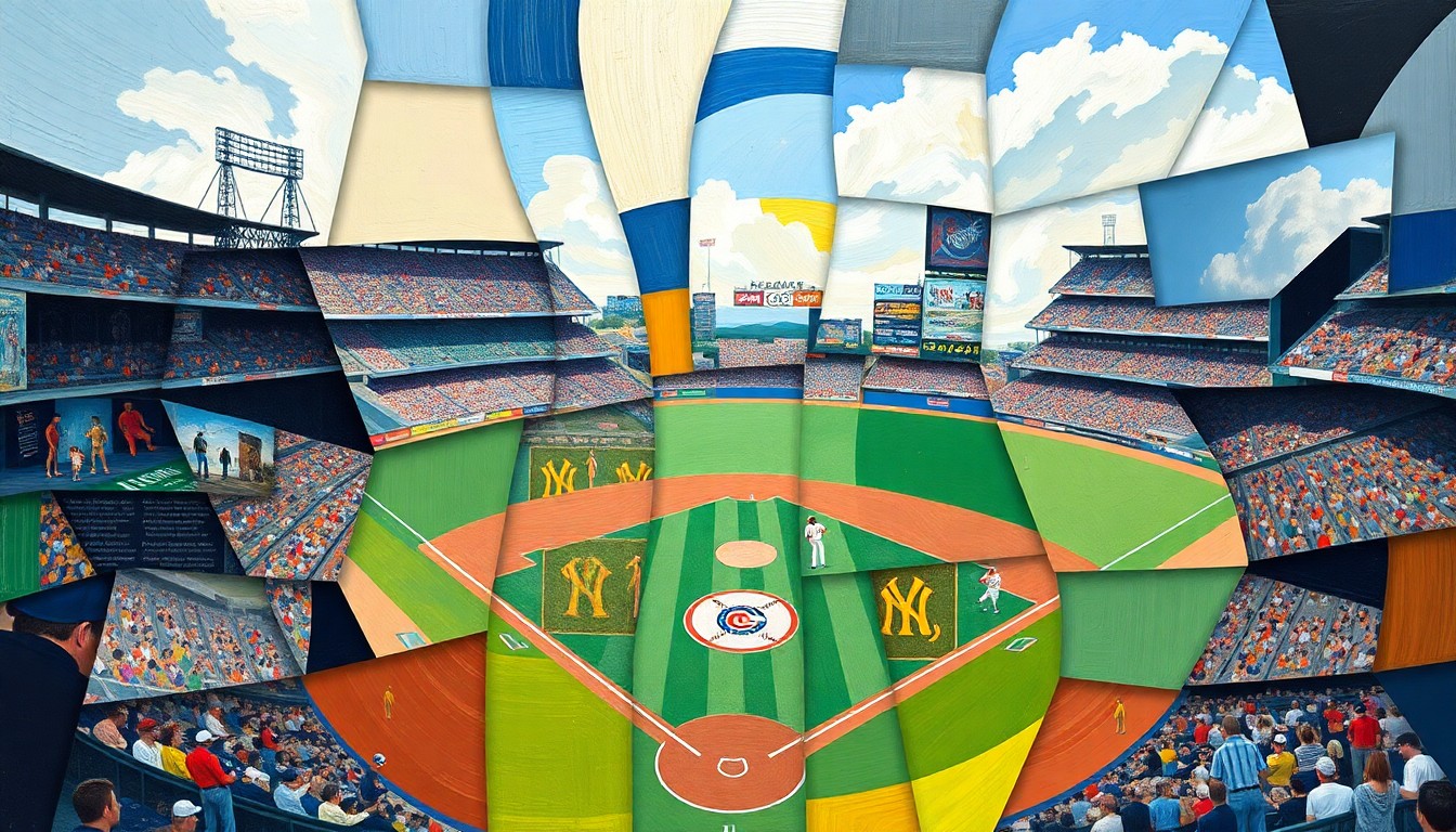 A cubist, geometric illustration depicting a baseball game or match, with sharp, overlapping planes of color and form representing the dynamic action of the sport.