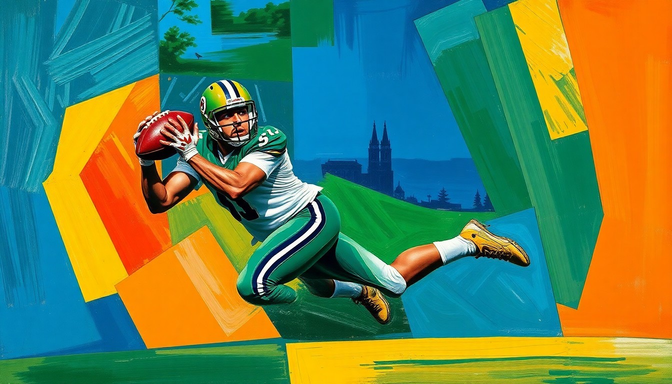 A fragmented, geometric painting depicting an NFL player making a catch, the figure broken down into sharp, overlapping planes of color in a cubist style.