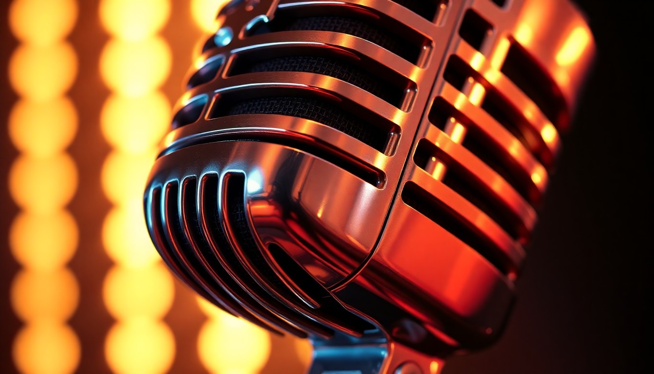 An extreme close-up photograph of a vintage microphone with a shiny, metallic surface reflecting dramatic studio lighting, conceptually representing the glamour and energy of Latin music performance.
