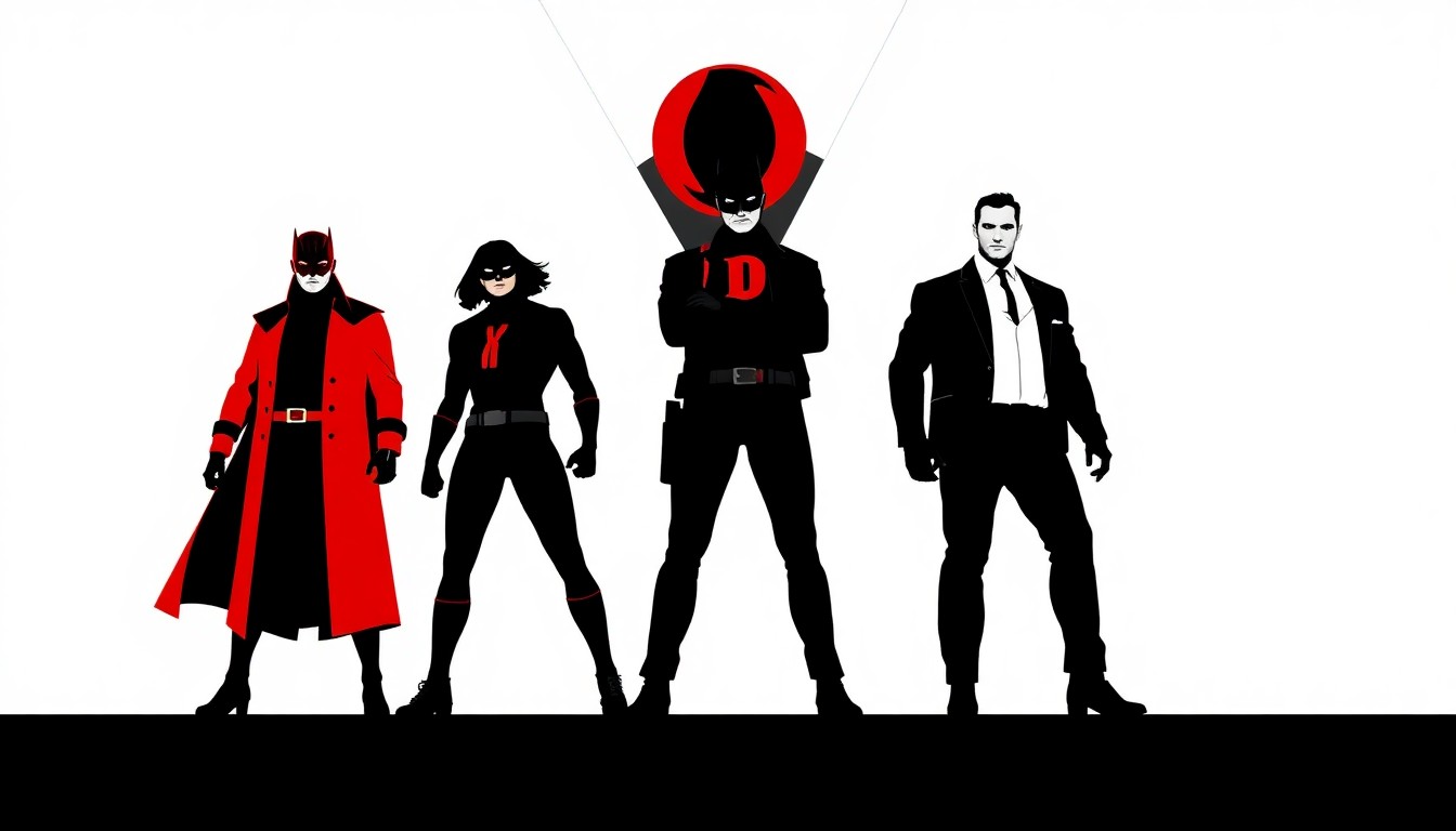 A bold, abstract illustration featuring stark black silhouettes of the Defenders characters - Daredevil, Jessica Jones, Luke Cage, and Iron Fist - arranged in a dynamic, geometric composition, conveying the energy and significance of their reunion.