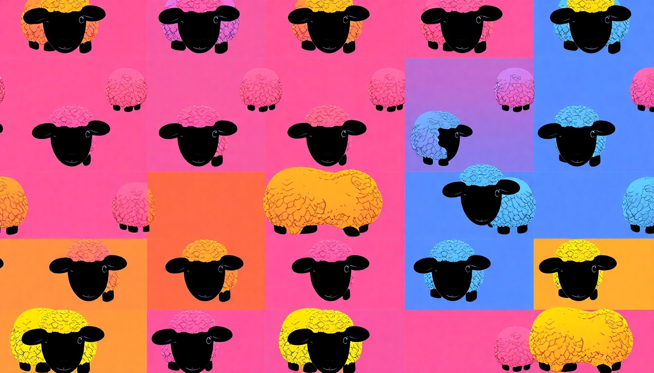 A brightly colored, high-contrast silkscreen print of a single, iconic lamb-shaped cake repeated in a tight grid pattern, utilizing flat, vibrant, and unnatural neon color palettes overlapping with heavy black photographic outlines to turn the unusual dessert into modern pop art.