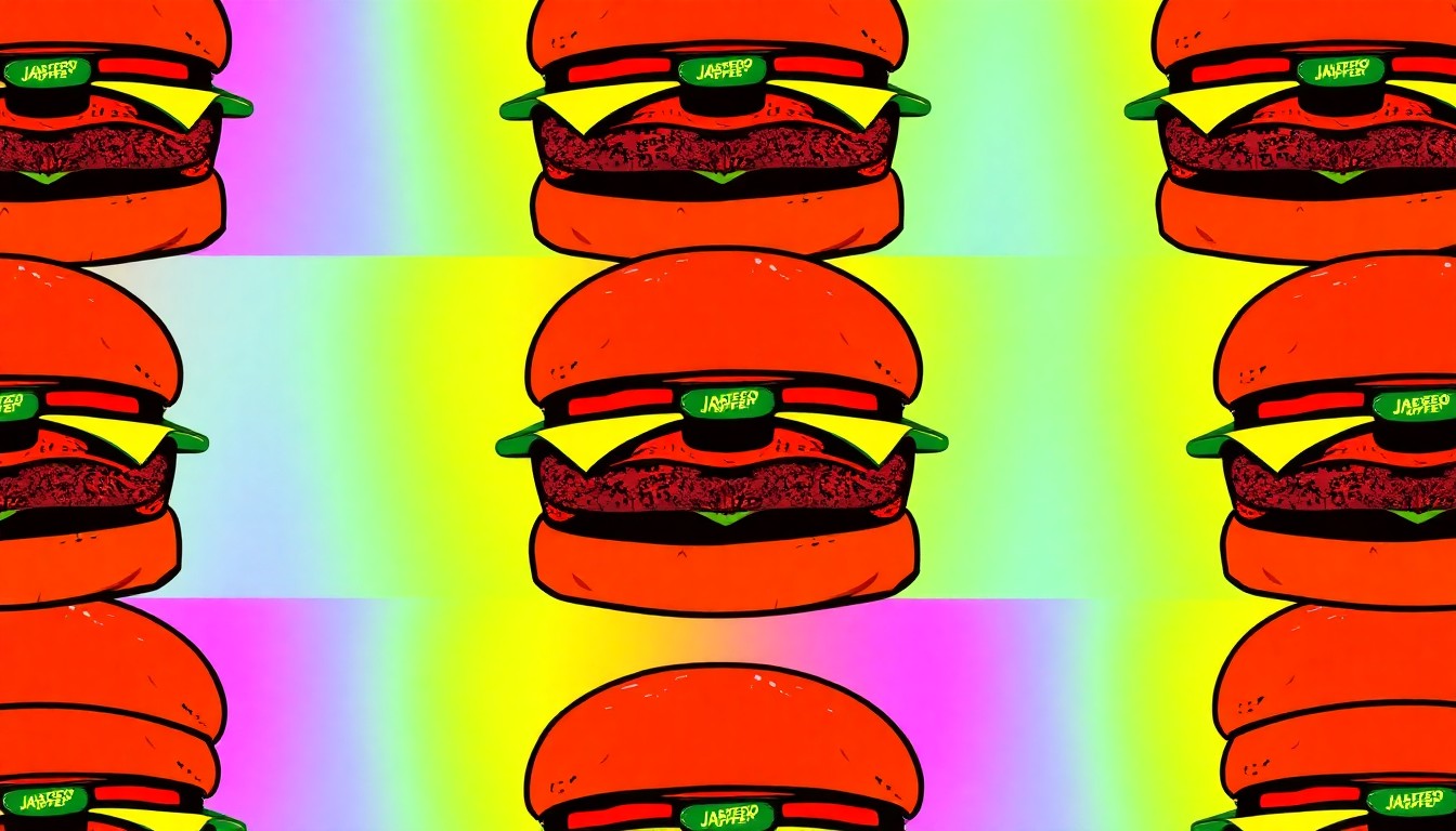 A brightly colored, high-contrast silkscreen print of a single, iconic jalapeño popper burger repeated in a tight grid pattern, utilizing flat, vibrant, and unnatural neon color palettes overlapping with heavy black photographic outlines to turn an everyday burger into modern pop art.