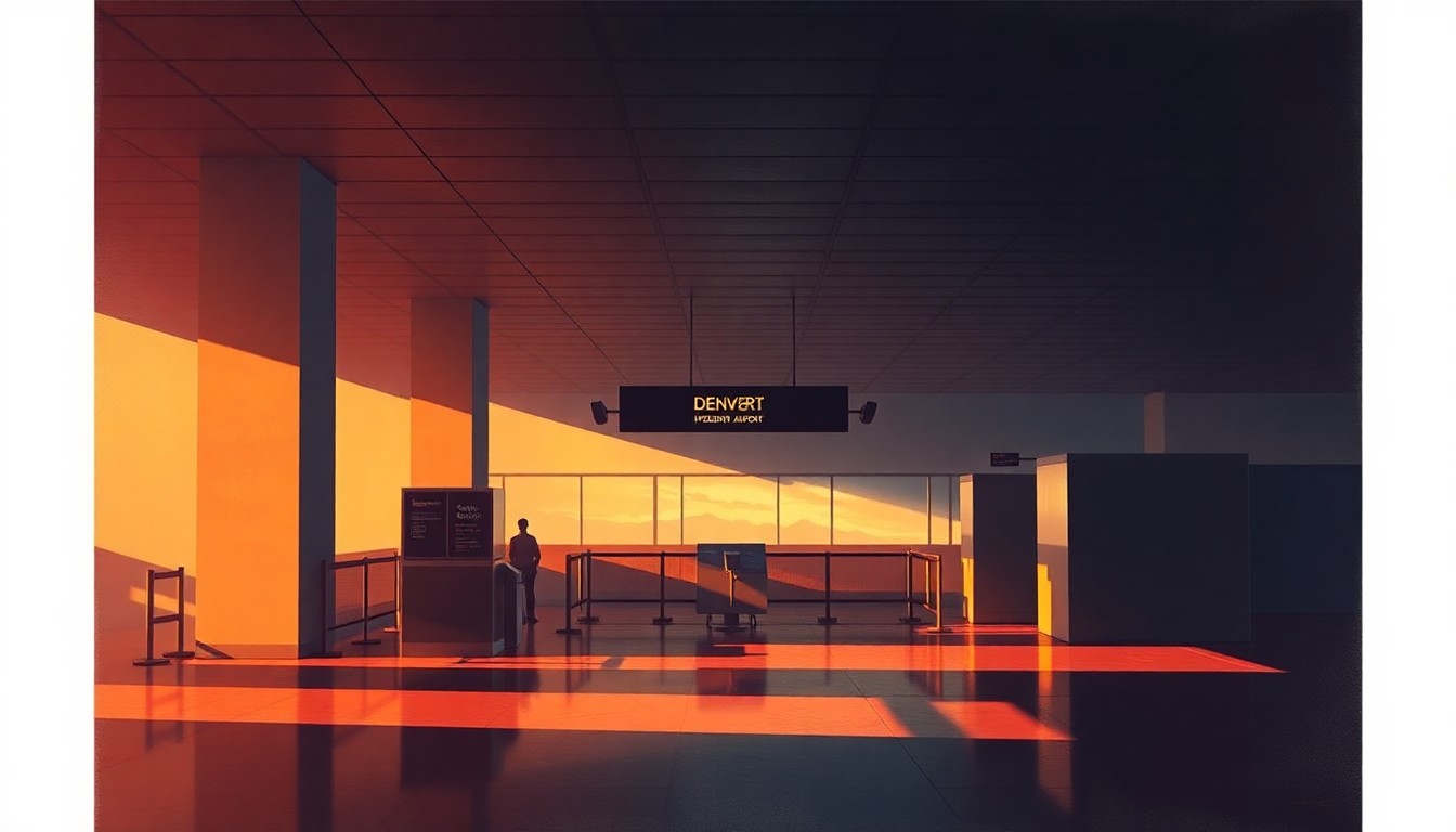 A serene, cinematic painting of an empty security checkpoint at an airport, with warm sunlight streaming in and deep shadows creating a contemplative mood.