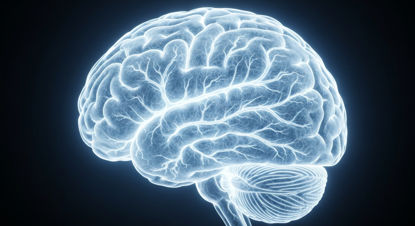 A highly detailed, translucent X-ray image revealing the complex internal structures of the human brain, with glowing lines and shapes representing the neural pathways and activity. The image conceptually illustrates how meditation retreats can produce measurable changes in brain function.