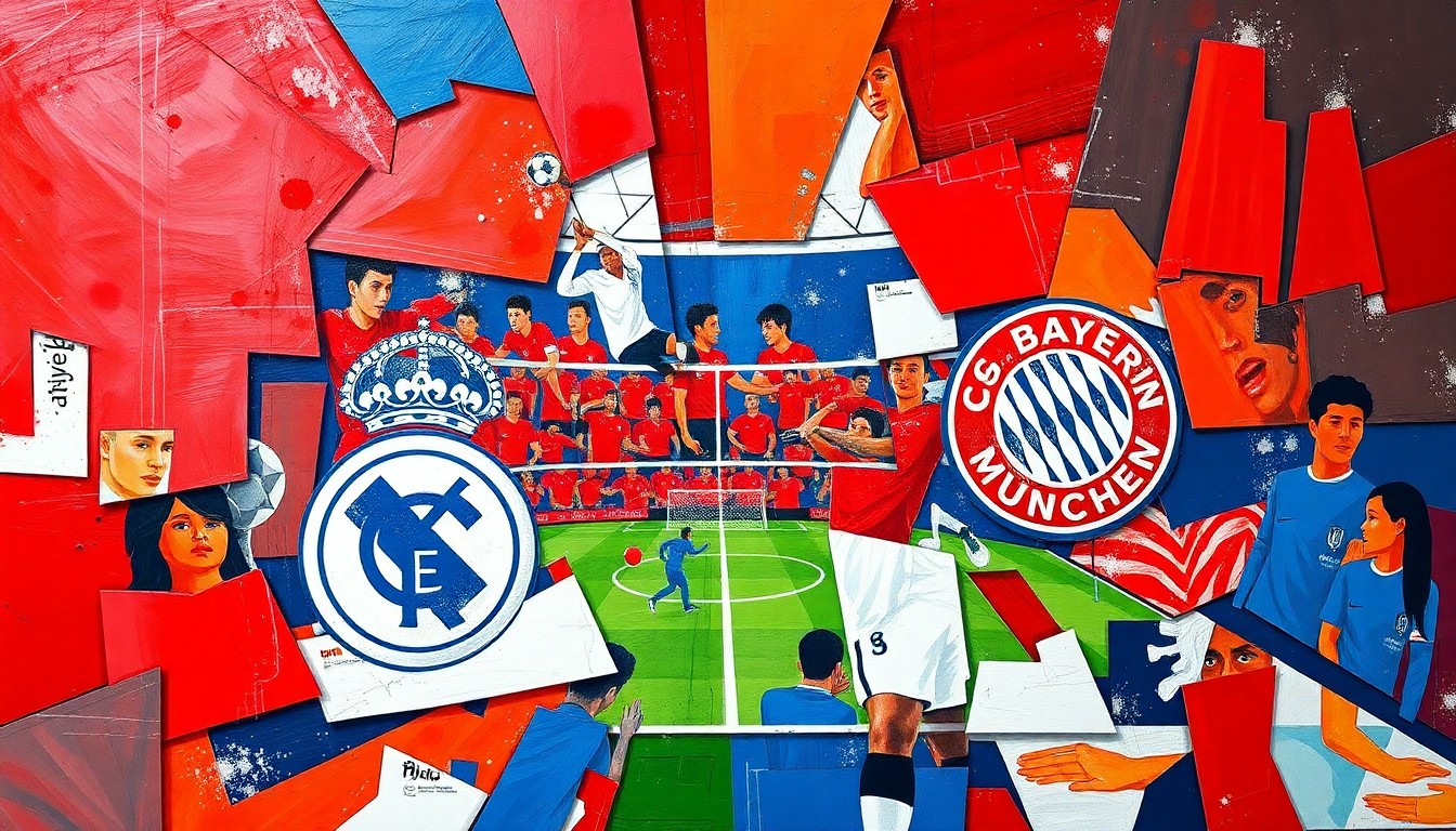 A cubist, geometric painting depicting a Champions League soccer match between Real Madrid and Bayern Munich, with the players and field broken down into sharp, overlapping planes of color.