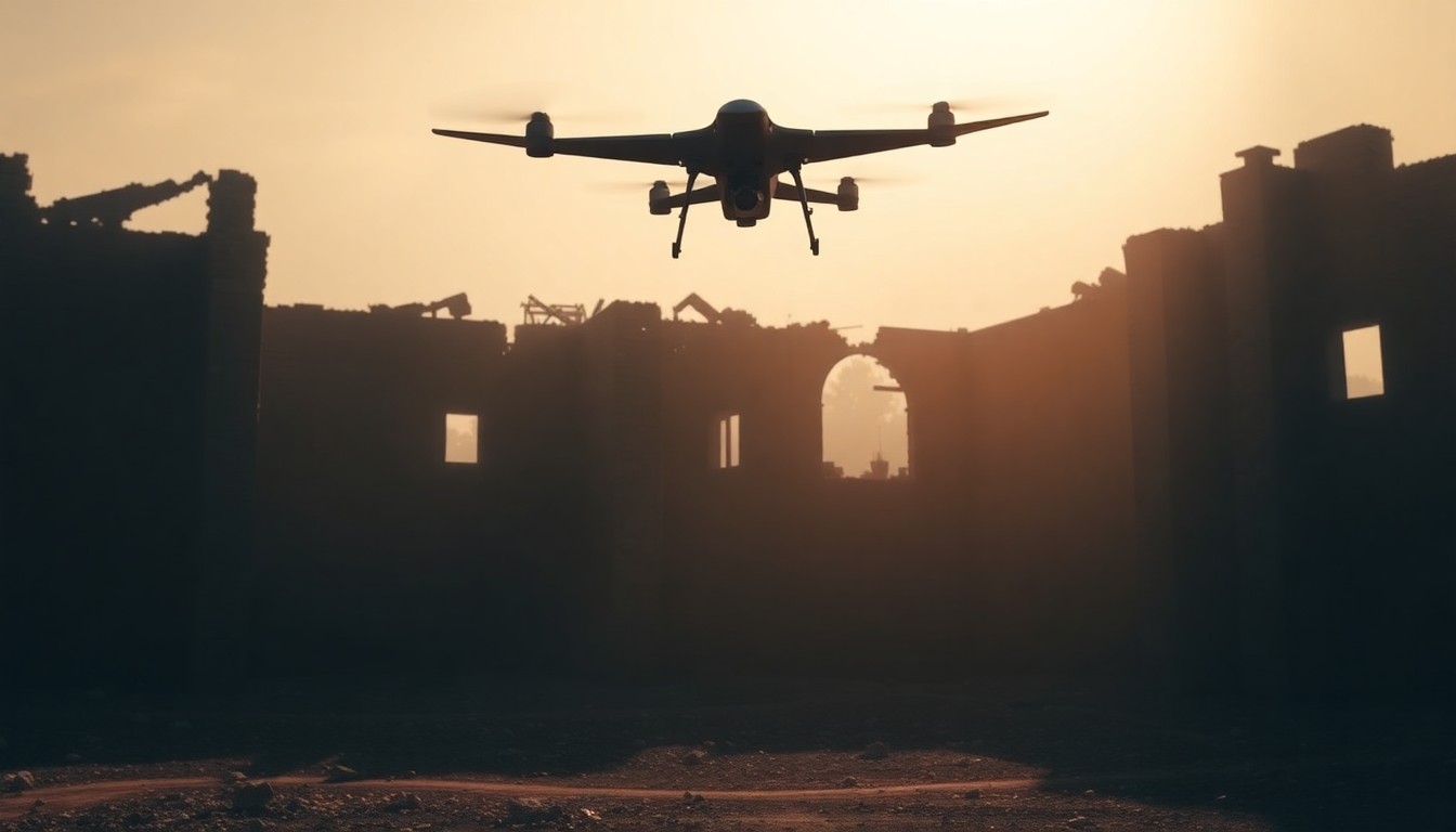 A cinematic painting of a solitary military drone hovering over a partially destroyed school building, the scene bathed in warm, diagonal sunlight and deep shadows, conceptually illustrating the political controversy over alleged war crimes in Iran.
