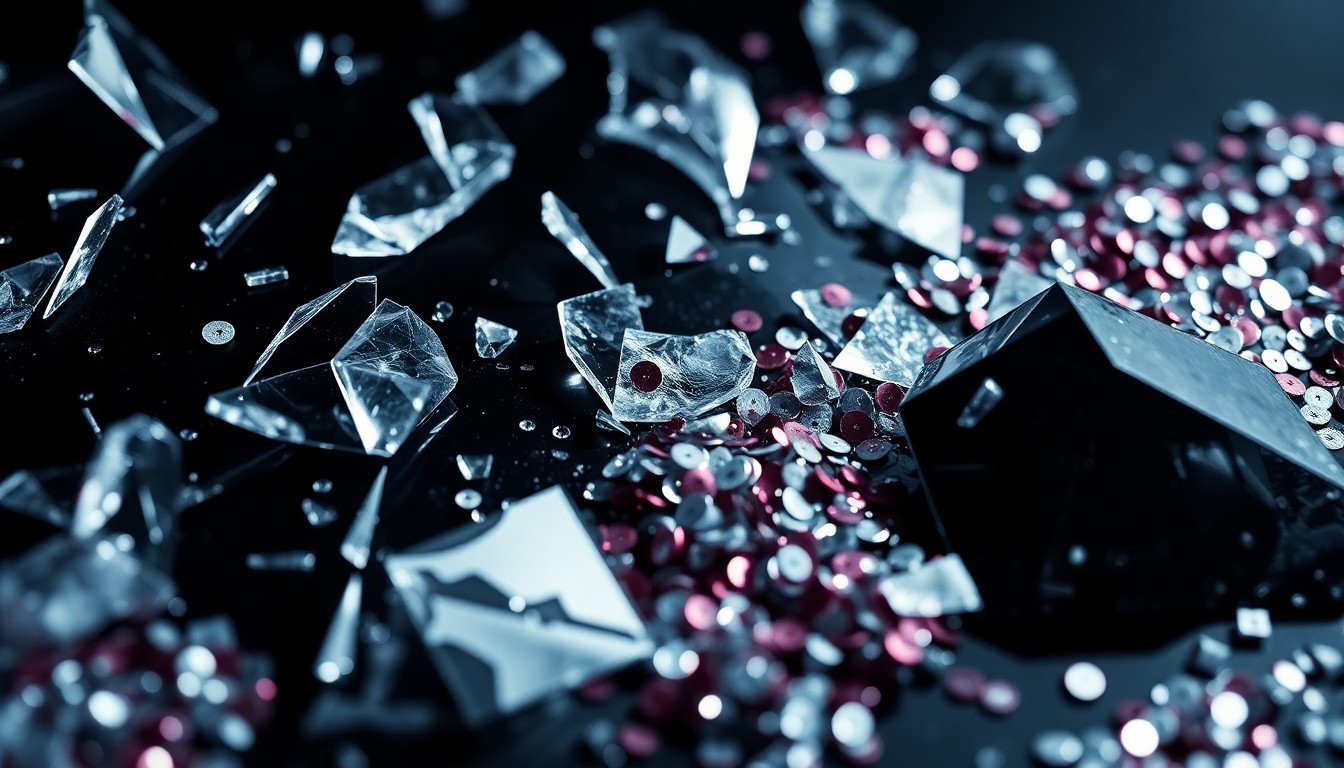 An extreme close-up photograph of shattered glass and glittering sequins, abstractly representing the high-stakes drama and risks of the music industry.