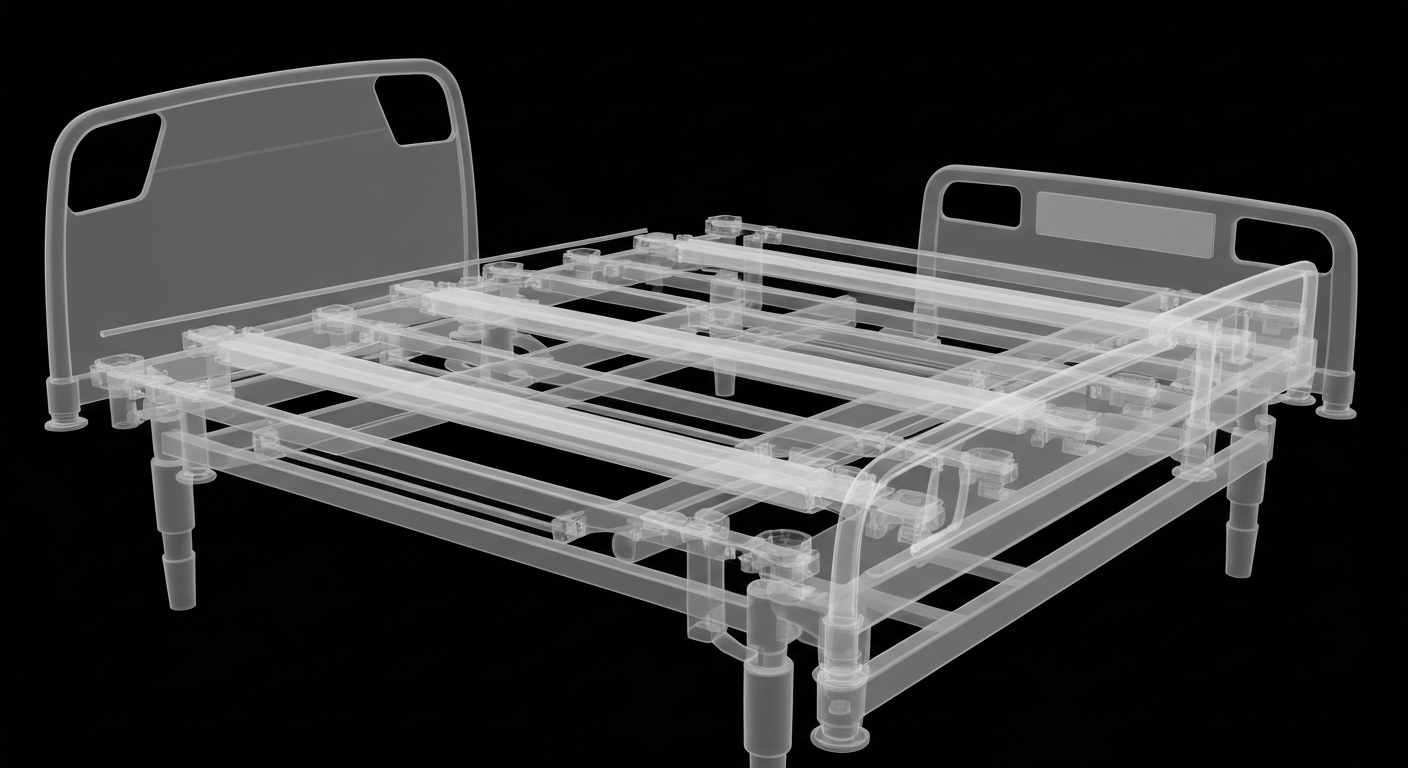 A ghostly, translucent X-ray image of the metal frame and internal components of a hospital bed, conveying the delicate and vulnerable state of the medical facility's infrastructure.