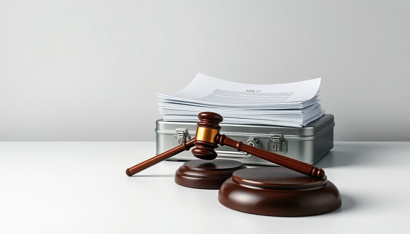 A minimalist, photorealistic studio still life featuring a stack of legal documents, a gavel, and a polished metal briefcase, symbolizing the high-stakes legal battle between Adani and the SEC.
